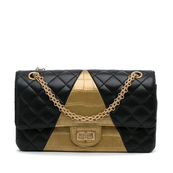 Pre-owned Chanel Medium Croc Embossed Lambskin 2.55 Reissue Double Flap Bag Black