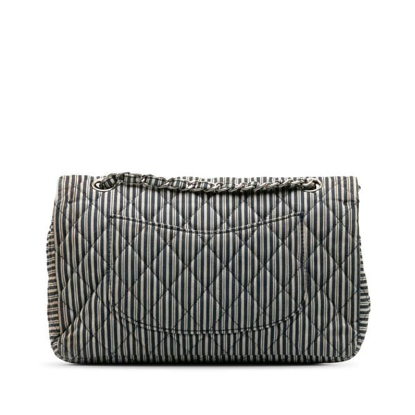 Pre-owned Chanel Medium Cotton Striped Double Flap Blue