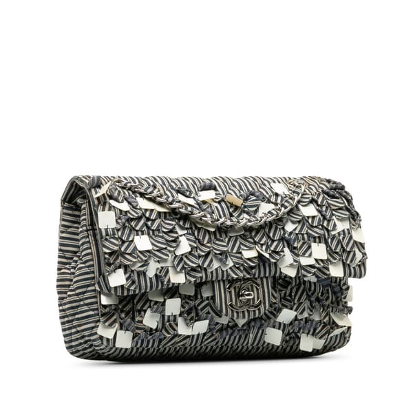 Pre-owned Chanel Medium Cotton Striped Double Flap Blue