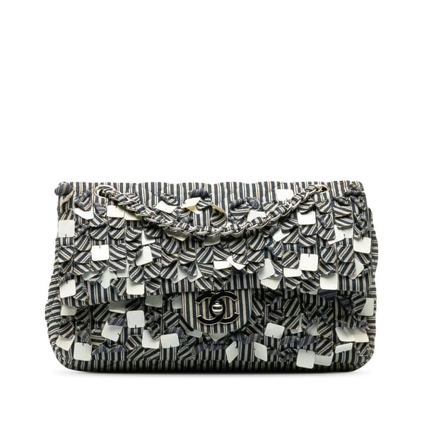 Pre-owned Chanel Medium Cotton Striped Double Flap Blue