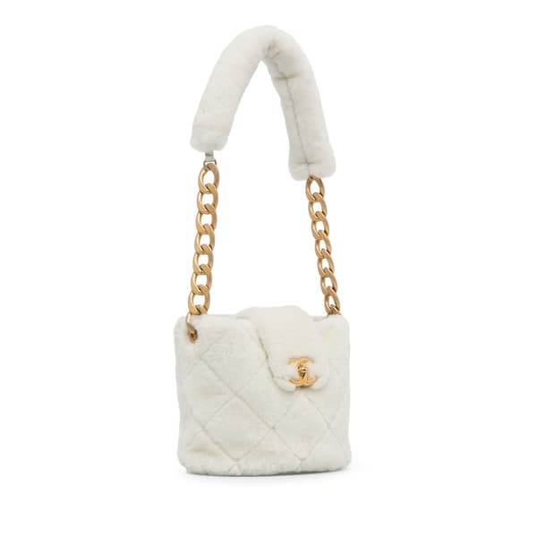 Pre-owned Chanel Shearling CC Shoulder Bag White