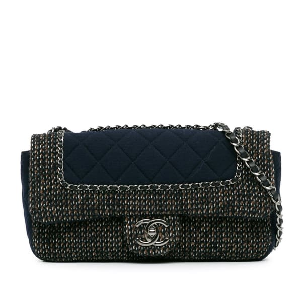Pre-owned Chanel Small Jersey Tweed Flap Blue