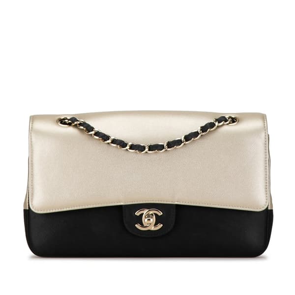 Pre-owned Chanel Medium Classic Bicolor Caviar Double Flap Silver