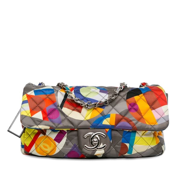 Pre-owned Chanel Small Printed Nylon Coco Color Flap Gray