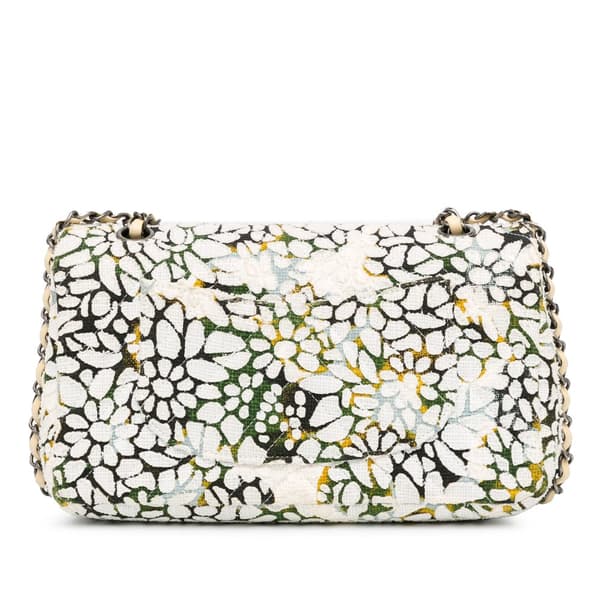 Pre-owned Chanel Medium Classic Chevron Tweed Floral Double Flap White