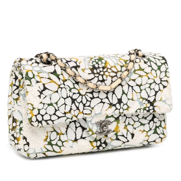 Pre-owned Chanel Medium Classic Chevron Tweed Floral Double Flap White