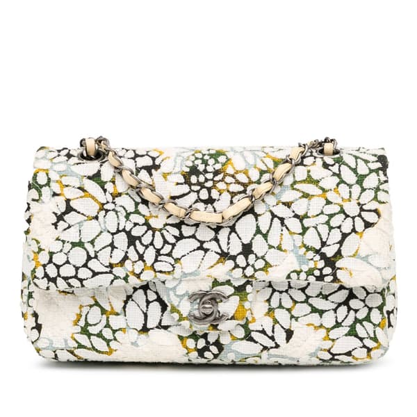 Pre-owned Chanel Medium Classic Chevron Tweed Floral Double Flap White