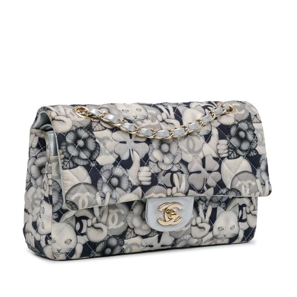 Pre-owned Chanel Medium Classic Nylon Cat Emoticon Double Flap White