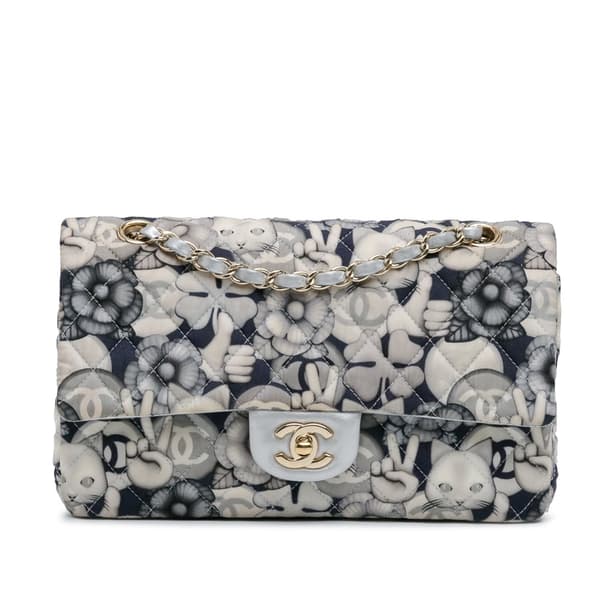 Pre-owned Chanel Medium Classic Nylon Cat Emoticon Double Flap White