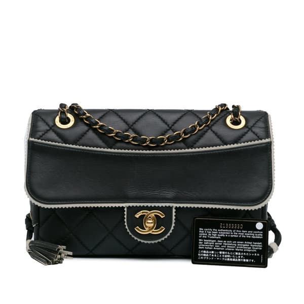 Pre-owned Chanel CC Quilted Lambskin Tassel and Border Embellished Flap Black