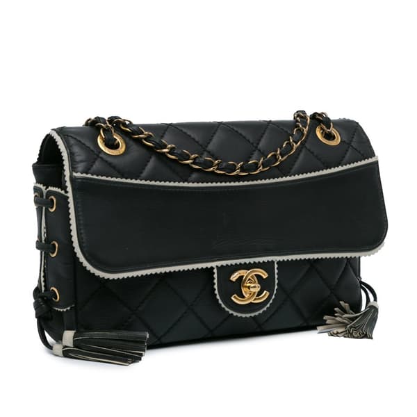 Pre-owned Chanel CC Quilted Lambskin Tassel and Border Embellished Flap Black