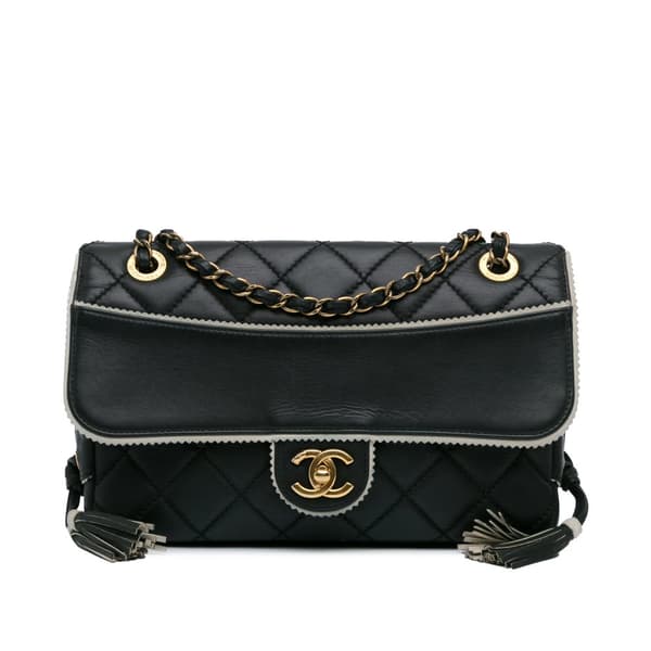 Pre-owned Chanel CC Quilted Lambskin Tassel and Border Embellished Flap Black