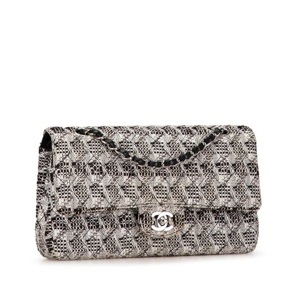 Pre-owned Chanel Medium Classic Tweed Double Flap White