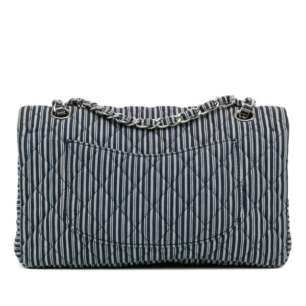 Pre-owned Chanel Medium Classic Canvas Sequin Stripes Double Flap Blue