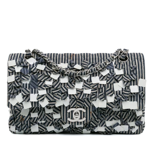 Pre-owned Chanel Medium Classic Canvas Sequin Stripes Double Flap Blue