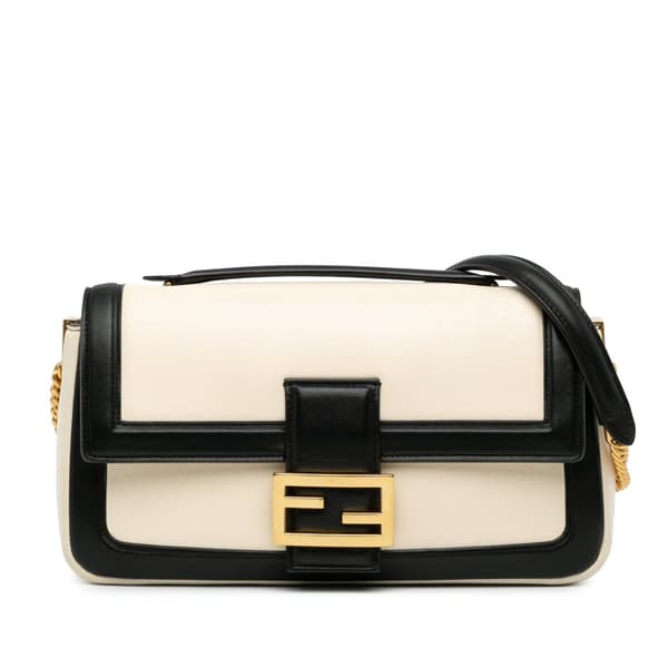 Pre-owned Fendi Bicolor Leather Chain Midi Baguette White