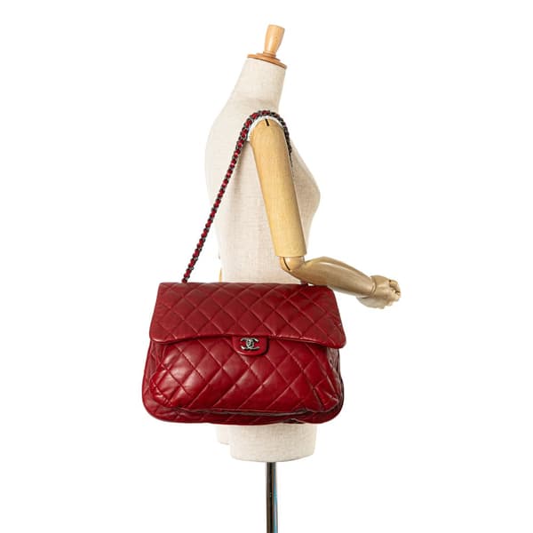 Pre-owned Chanel Maxi Lambskin 3 Accordion Flap Red
