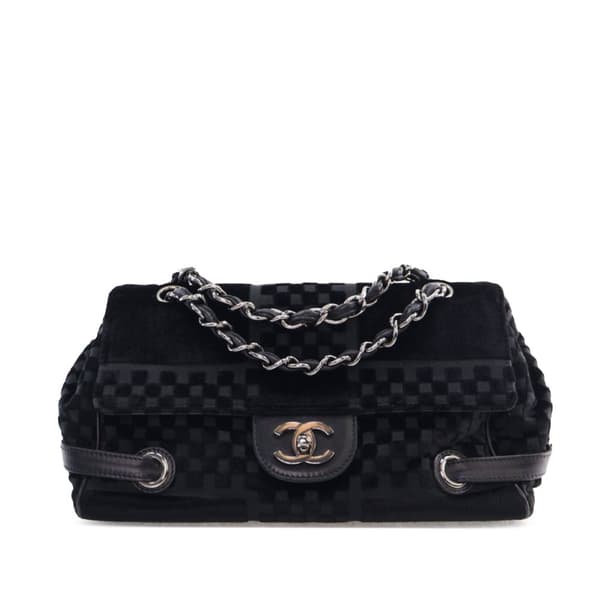 Pre-owned Chanel CC Check Embossed Velvet Belted Side Flap Black