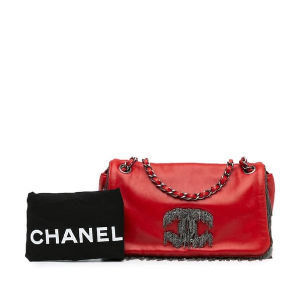 Pre-owned Chanel Small Lambskin Rock and Cabaret Fringe Chain CC Flap Red