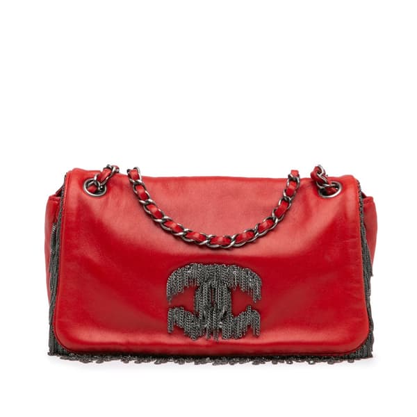 Pre-owned Chanel Small Lambskin Rock and Cabaret Fringe Chain CC Flap Red
