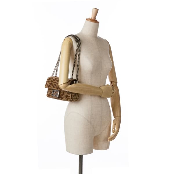 Pre-owned Fendi Zucca Wool Chain Midi Baguette Brown