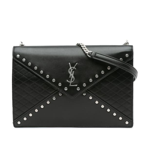 Pre-owned Saint Laurent Quilted Lambskin Studded Monogram Gaby Shoulder Bag Black