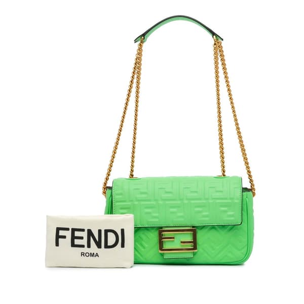 Pre-owned Fendi Zucca Embossed Leather Chain Midi Baguette Green