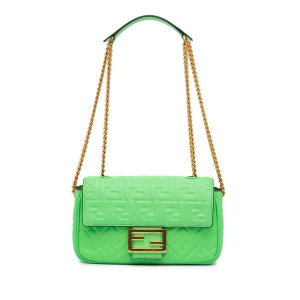 Pre-owned Fendi Zucca Embossed Leather Chain Midi Baguette Green