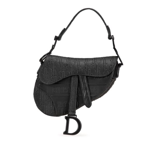 Pre-owned Dior Mini Oblique Embossed Calfskin Saddle Black