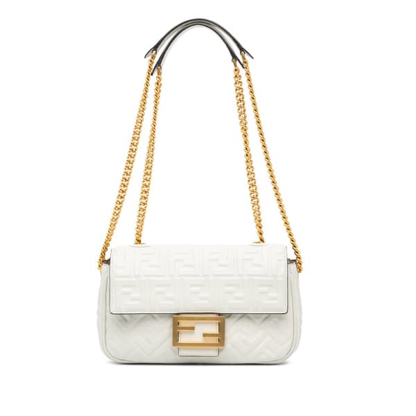 Pre-owned Fendi Zucca Embossed Chain Midi Baguette White