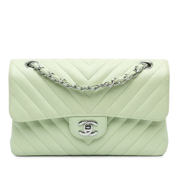 Pre-owned Chanel Small Classic Chevron Lambskin Double Flap Green