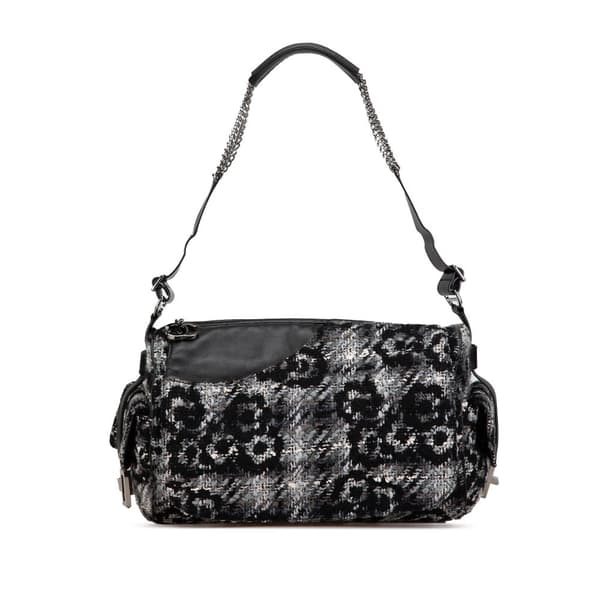 Pre-owned Chanel Tweed Camellia Shoulder Bag Gray