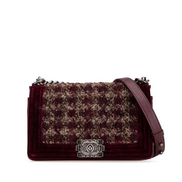 Pre-owned Chanel Old Medium Velvet and Tweed Boy Flap Red