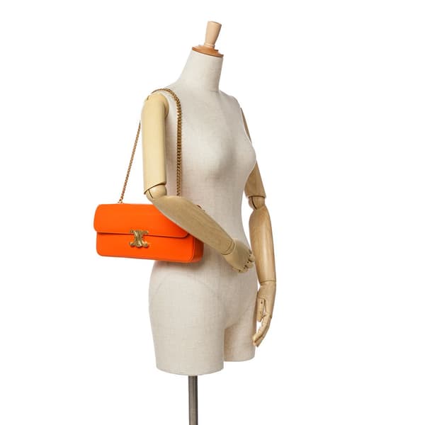 Pre-owned Celine Triomphe Calfskin Cuir Chain Shoulder Bag Orange