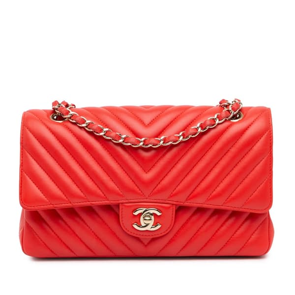 Pre-owned Chanel Medium Classic Chevron Lambskin Double Flap Red
