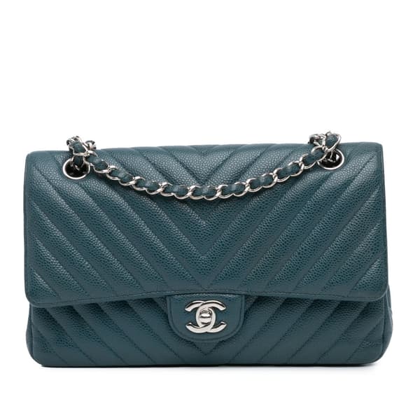 Pre-owned Chanel Medium Classic Chevron Caviar Double Flap Blue