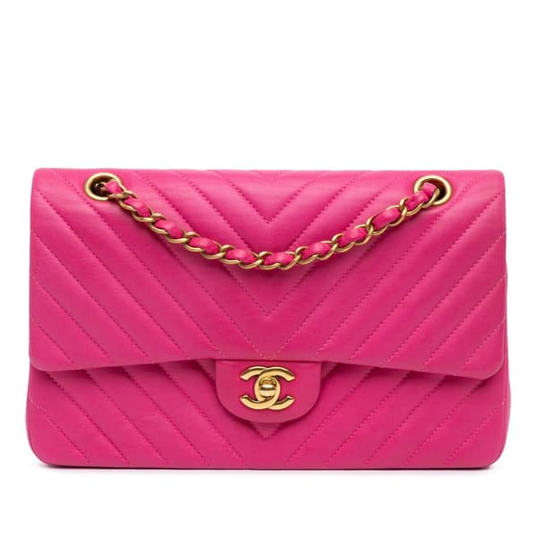 Pre-owned Chanel Medium Classic Chevron Lambskin Double Flap Pink