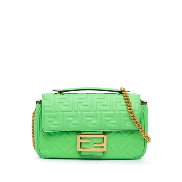 Pre-owned Fendi Zucca Embossed Leather Chain Midi Baguette Green