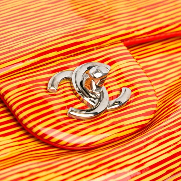 Pre-owned Chanel Jumbo Classic Patent Stiped Double Flap Orange