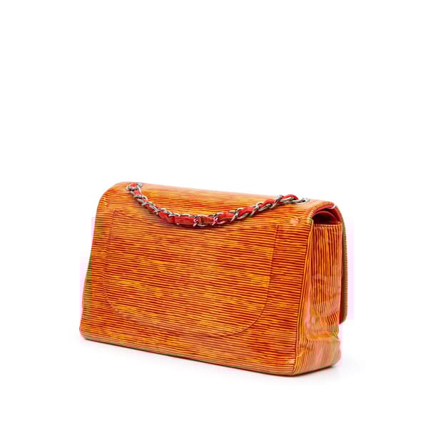 Pre-owned Chanel Jumbo Classic Patent Stiped Double Flap Orange