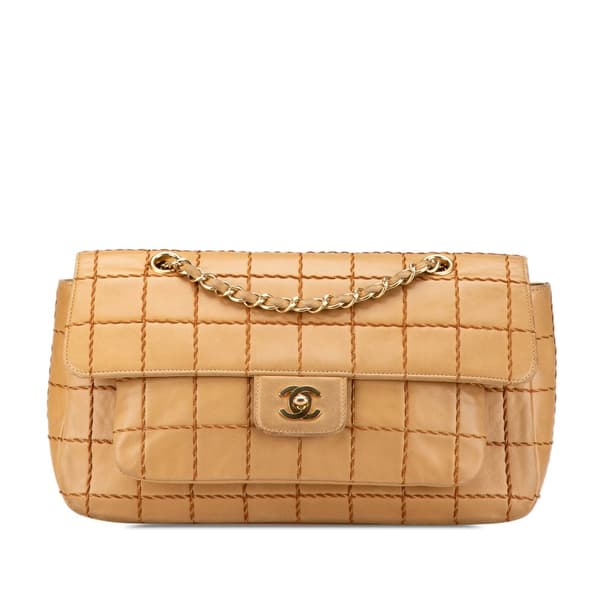 Pre-owned Chanel Lambskin Wild Stitch Chocolate Bar Chain Flap Brown