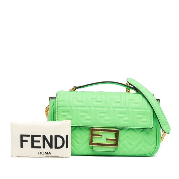 Pre-owned Fendi Zucca Embossed Leather Chain Midi Baguette Green