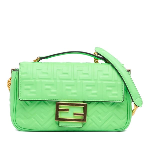 Pre-owned Fendi Zucca Embossed Leather Chain Midi Baguette Green
