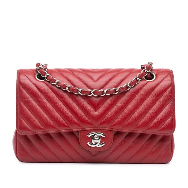 Pre-owned Chanel Medium Classic Chevron Caviar Double Flap Red