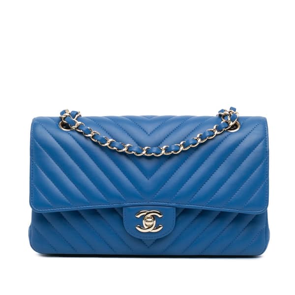 Pre-owned Chanel Medium Classic Chevron Lambskin Double Flap Blue