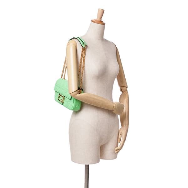Pre-owned Fendi Zucca Embossed Leather Chain Midi Baguette Green