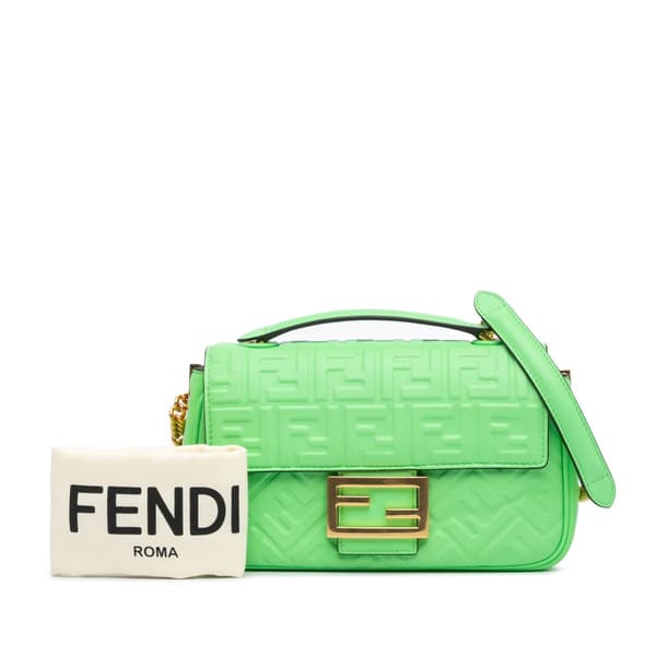 Pre-owned Fendi Zucca Embossed Leather Chain Midi Baguette Green