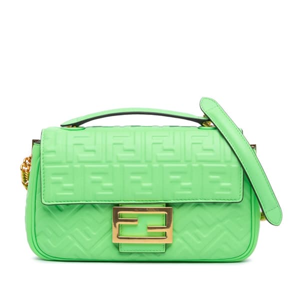 Pre-owned Fendi Zucca Embossed Leather Chain Midi Baguette Green
