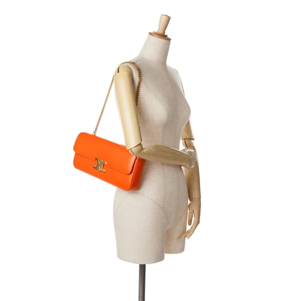Pre-owned Celine Triomphe Calfskin Cuir Chain Shoulder Bag Orange