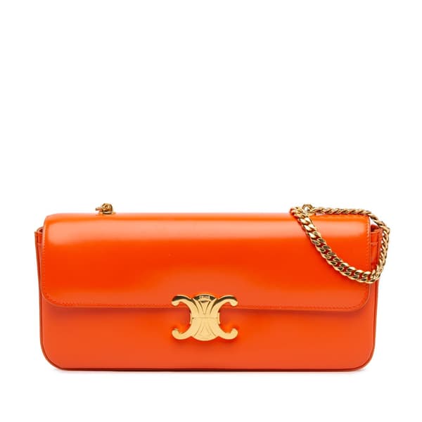 Pre-owned Celine Triomphe Calfskin Cuir Chain Shoulder Bag Orange